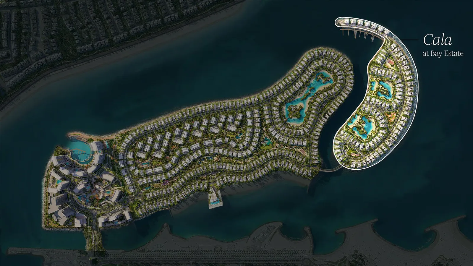 Aerial map of Bay Estate on Dubai Islands with the Cala waterfront collection marked