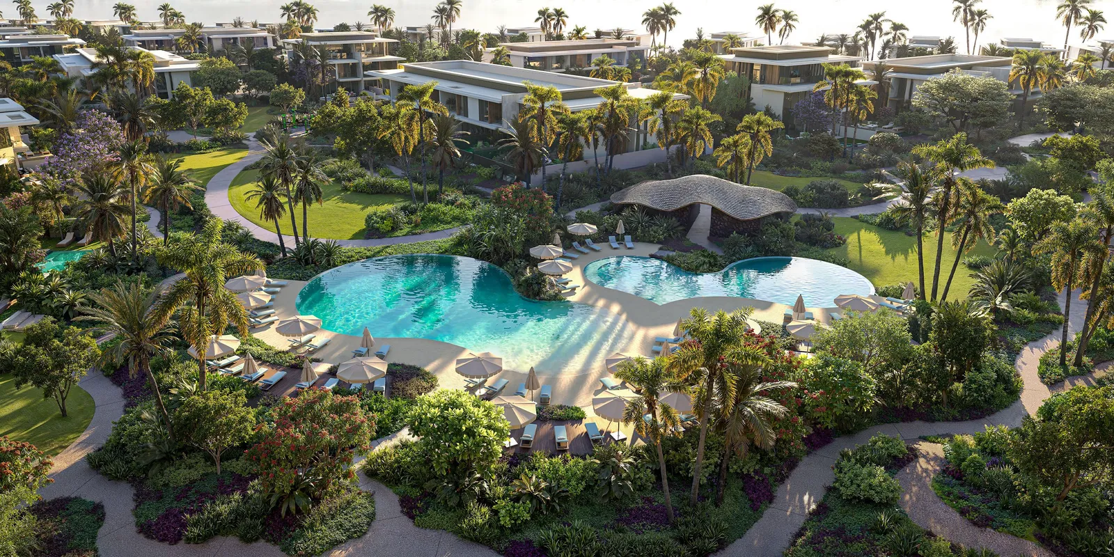 Pool clubhouse at Bay Estate with lagoon-style pools