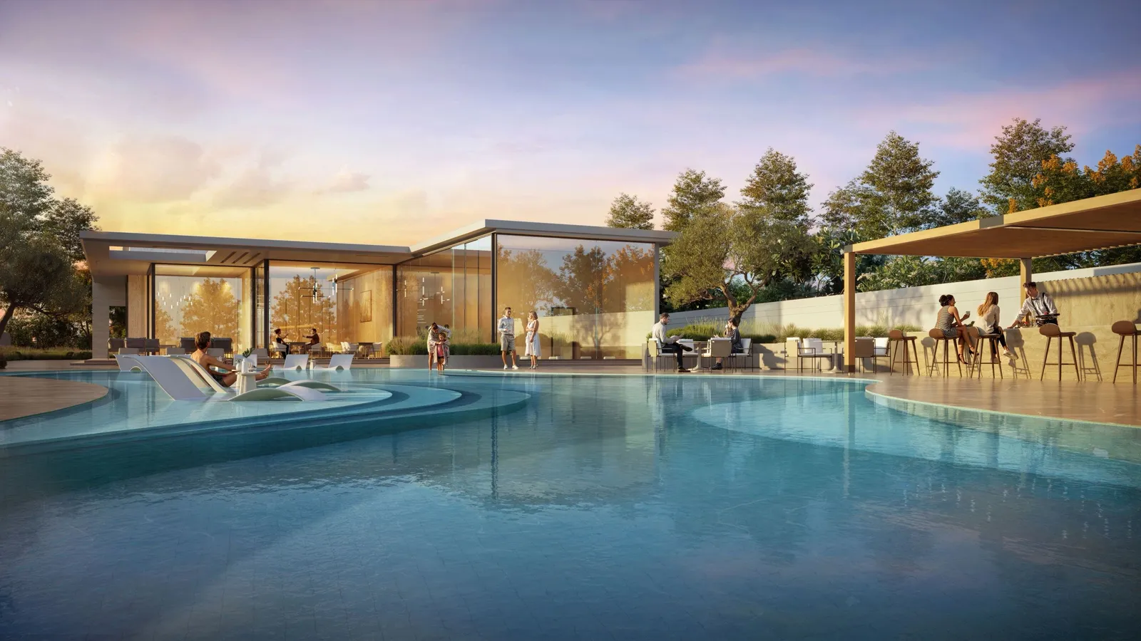 Community club pool with a pavilion and loungers at D-Villas
