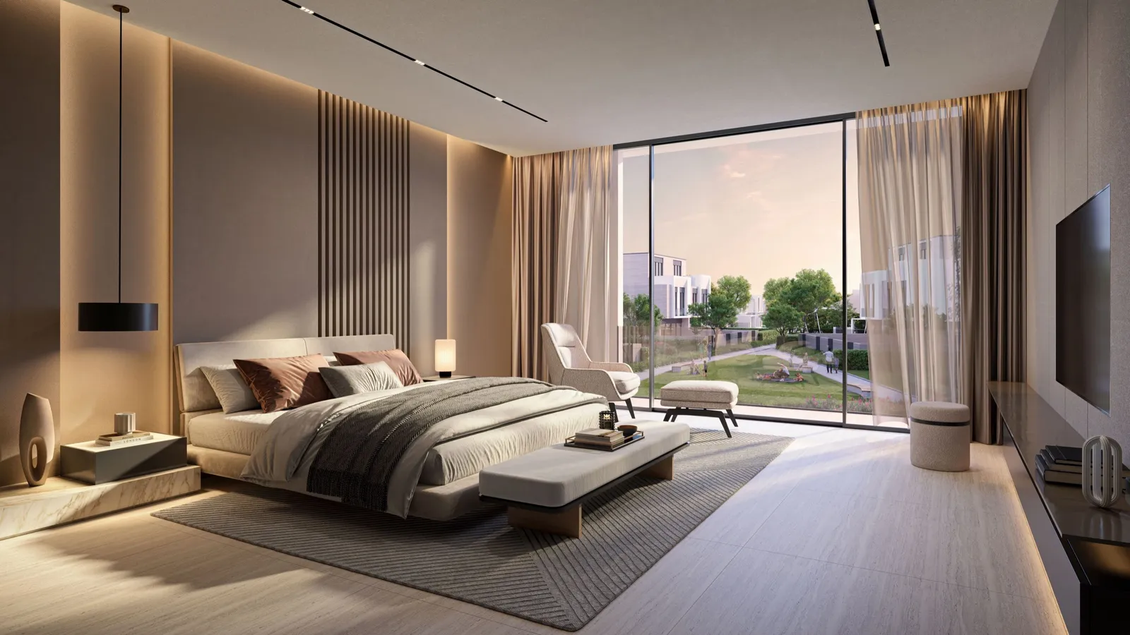 Master bedroom in a D-Villa with floor-to-ceiling windows onto greenery