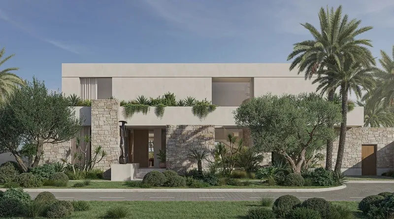Render of an Aurora villa at Eden Hills: a two-storey stone and render facade behind olive trees and palms