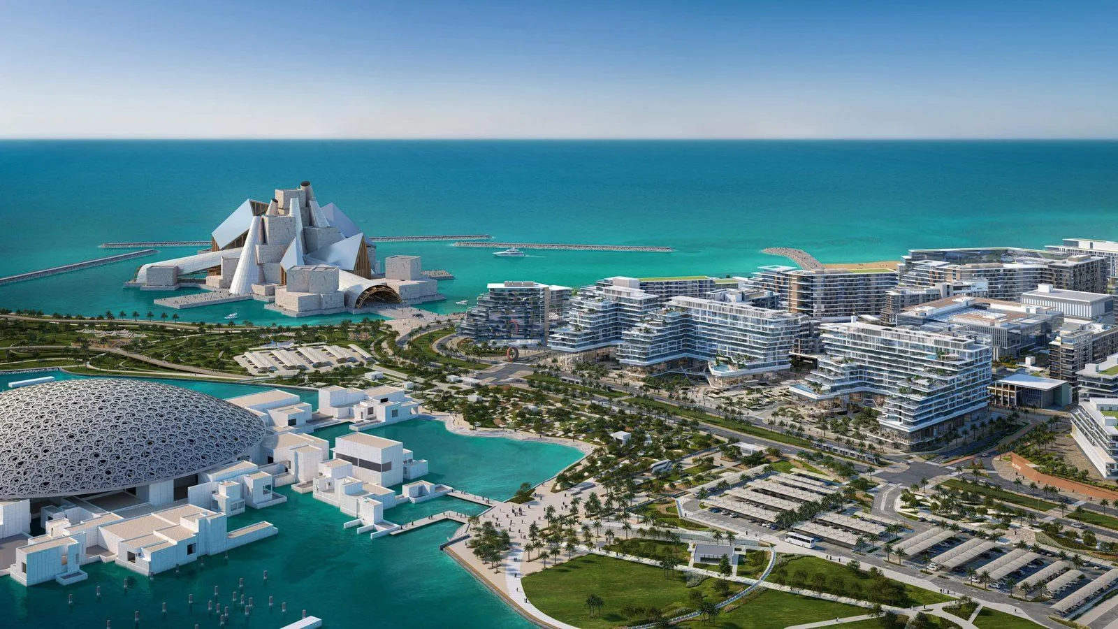 Aerial masterplan render of Saadiyat Island in Abu Dhabi, showing the Louvre Abu Dhabi dome and low-rise waterfront development