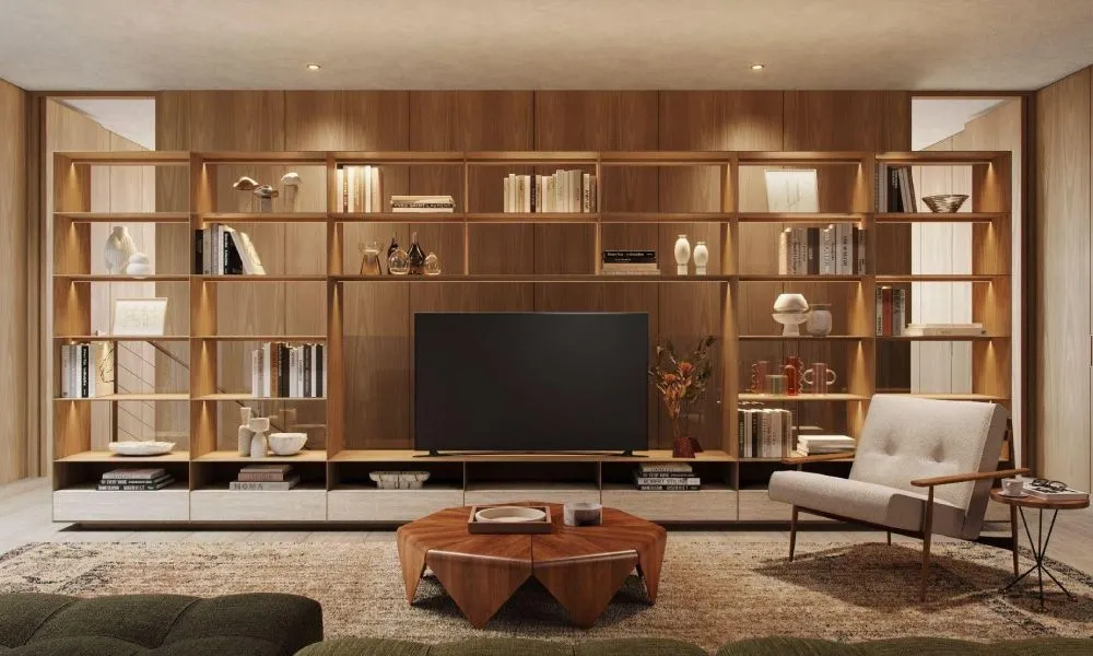 Living room with full-height timber joinery in a Sunrise Valley home