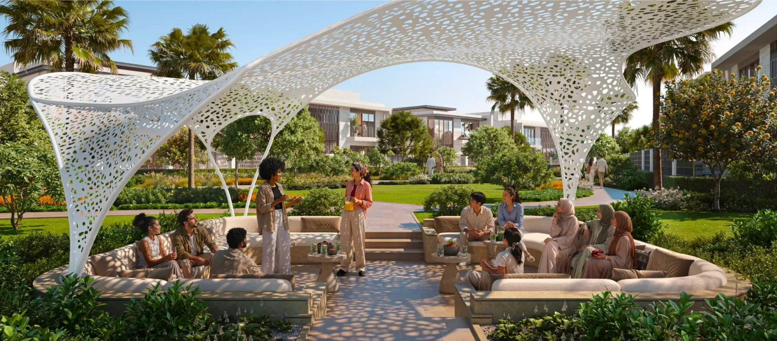 Render of the Talay outdoor majlis: a sculptural white perforated canopy on branching columns over sunken stone seating, set in landscaped gardens with villas behind