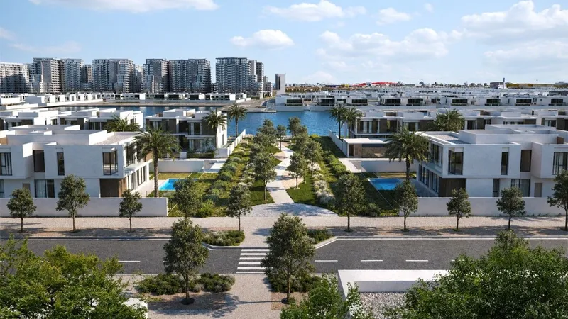 Render of Yas Riva Reserve villas with private pools either side of a linear park leading to the waterway, Yas Island